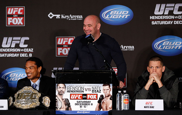 SEATTLE, WA - DECEMBER 06: UFC President Dana White (C), flanked by Benson Henderson (L) and Nate Diaz, interacts with media during the UFC on FOX press conference on December 6, 2012 at Key Arena in Seattle, Washington. (Photo by Josh Hedges/Zuffa LLC/Zuffa LLC via Getty Images)