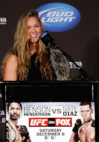 SEATTLE, WA - DECEMBER 06:  Ronda Rousey addresses the media after being presented with the UFC women's bantamweight championship during the UFC on FOX press conference on December 6, 2012 at Key Arena in Seattle, Washington.  (Photo by Josh Hedges/Zuffa LLC/Zuffa LLC via Getty Images)