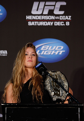 SEATTLE, WA - DECEMBER 06: Ronda Rousey addresses the media after being presented with the UFC women's bantamweight championship during the UFC on FOX press conference on December 6, 2012 at Key Arena in Seattle, Washington. (Photo by Josh Hedges/Zuffa LLC/Zuffa LLC via Getty Images)