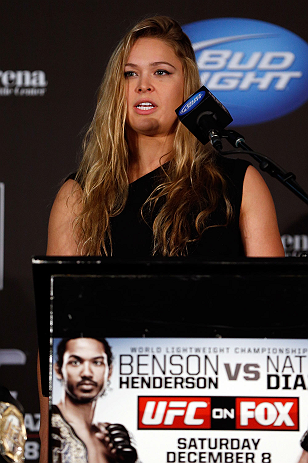 SEATTLE, WA - DECEMBER 06: Ronda Rousey addresses the media after being presented with the UFC women's bantamweight championship during the UFC on FOX press conference on December 6, 2012 at Key Arena in Seattle, Washington. (Photo by Josh Hedges/Zuffa LLC/Zuffa LLC via Getty Images)