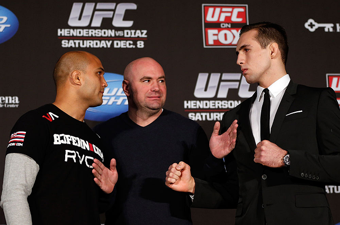 SEATTLE, WA - DECEMBER 06: Opponents BJ Penn (L) and Rory MacDonald (R) face off as UFC President Dana White looks on during the UFC on FOX press conference on December 6, 2012 at Key Arena in Seattle, Washington. (Photo by Josh Hedges/Zuffa LLC/Zuffa LLC via Getty Images)
