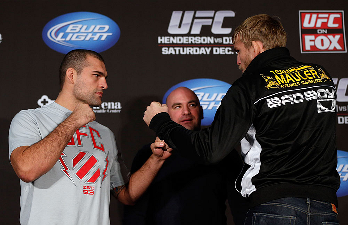 SEATTLE, WA - DECEMBER 06: (L-R) Opponents Mauricio "Shogun" Rua and Alexander Gustafsson face off during the UFC on FOX press conference on December 6, 2012 at Key Arena in Seattle, Washington. (Photo by Josh Hedges/Zuffa LLC/Zuffa LLC via Getty Images)