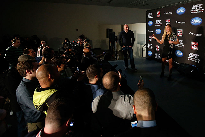 SEATTLE, WA - DECEMBER 06: Ronda Rousey addresses the media after being presented with the UFC women's bantamweight championship during the UFC on FOX press conference on December 6, 2012 at Key Arena in Seattle, Washington. (Photo by Josh Hedges/Zuffa LLC/Zuffa LLC via Getty Images)