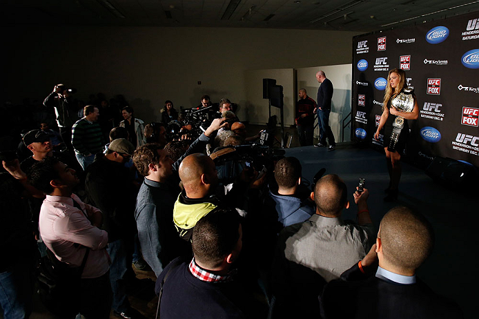 SEATTLE, WA - DECEMBER 06: Ronda Rousey addresses the media after being presented with the UFC women's bantamweight championship during the UFC on FOX press conference on December 6, 2012 at Key Arena in Seattle, Washington. (Photo by Josh Hedges/Zuffa LLC/Zuffa LLC via Getty Images)