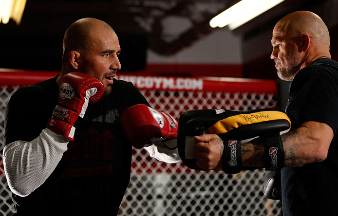 CHICAGO, IL - JANUARY 23:  Glover Teixeira (L) conducts an open workout session for media on January 23, 2013 at UFC Gym in Chicago, Illinois. (Photo by Josh Hedges/Zuffa LLC/Zuffa LLC via Getty Images)