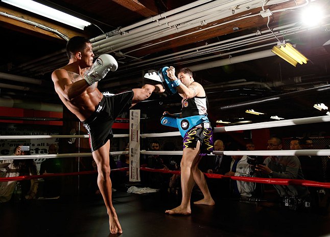 CHICAGO, IL - JANUARY 23:  Anthony Pettis (L) conducts an open workout session for media on January 23, 2013 at UFC Gym in Chicago, Illinois. (Photo by Josh Hedges/Zuffa LLC/Zuffa LLC via Getty Images)