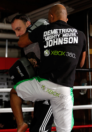 CHICAGO, IL - JANUARY 23:  Demetrious "Mighty Mouse" Johnson conducts an open workout session for media on January 23, 2013 at UFC Gym in Chicago, Illinois. (Photo by Josh Hedges/Zuffa LLC/Zuffa LLC via Getty Images)