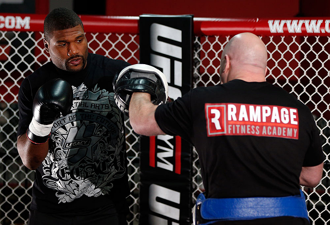 CHICAGO, IL - JANUARY 23:  Quinton "Rampage" Jackson (L) conducts an open workout session for media on January 23, 2013 at UFC Gym in Chicago, Illinois. (Photo by Josh Hedges/Zuffa LLC/Zuffa LLC via Getty Images)