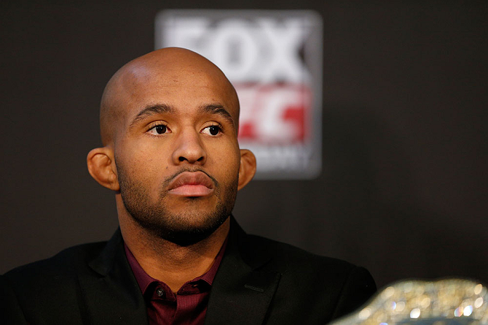 CHICAGO, IL - JANUARY 24: UFC flyweight champion Demetrious "Mighty Mouse" Johnson interacts with media during the UFC on FOX press conference on January 24, 2013 at the United Center in Chicago, Illinois. (Photo by Josh Hedges/Zuffa LLC/Zuffa LLC via Getty Images)