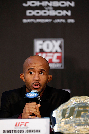 CHICAGO, IL - JANUARY 24: UFC flyweight champion Demetrious "Mighty Mouse" Johnson interacts with media during the UFC on FOX press conference on January 24, 2013 at the United Center in Chicago, Illinois. (Photo by Josh Hedges/Zuffa LLC/Zuffa LLC via Getty Images)