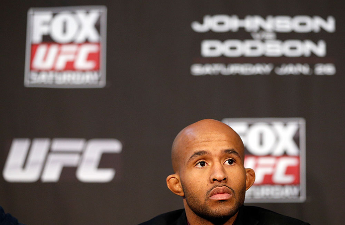 CHICAGO, IL - JANUARY 24: UFC flyweight champion Demetrious "Mighty Mouse" Johnson interacts with media during the UFC on FOX press conference on January 24, 2013 at the United Center in Chicago, Illinois. (Photo by Josh Hedges/Zuffa LLC/Zuffa LLC via Getty Images)