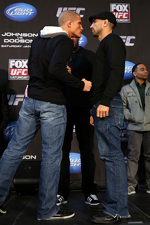 CHICAGO, IL - JANUARY 24: (L-R) Opponents Erik Koch and Ricardo Lamas face off during the UFC on FOX press conference on January 24, 2013 at the United Center in Chicago, Illinois. (Photo by Josh Hedges/Zuffa LLC/Zuffa LLC via Getty Images)