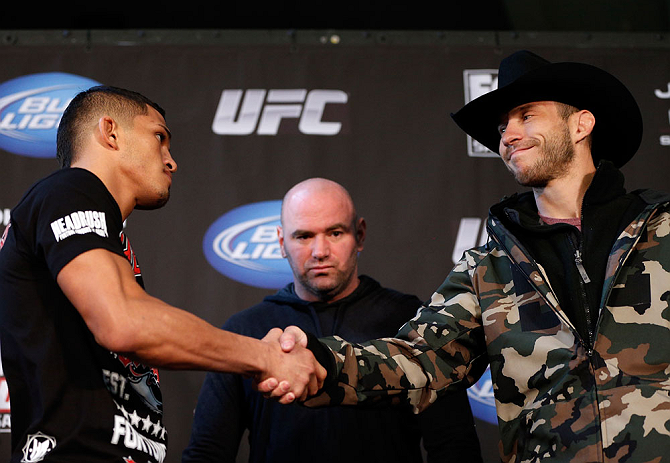 CHICAGO, IL - JANUARY 24: (L-R) Opponents Anthony Pettis and Donald "Cowboy" Cerrone shake hands during the UFC on FOX press conference on January 24, 2013 at the United Center in Chicago, Illinois. (Photo by Josh Hedges/Zuffa LLC/Zuffa LLC via Getty Images)