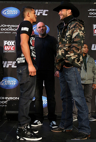 CHICAGO, IL - JANUARY 24: (L-R) Opponents Anthony Pettis and Donald "Cowboy" Cerrone face off during the UFC on FOX press conference on January 24, 2013 at the United Center in Chicago, Illinois. (Photo by Josh Hedges/Zuffa LLC/Zuffa LLC via Getty Images)