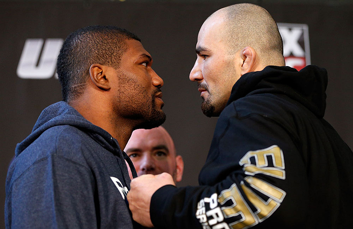 CHICAGO, IL - JANUARY 24: (L-R) Opponents Quinton "Rampage" Jackson and Glover Teixeira face off during the UFC on FOX press conference on January 24, 2013 at the United Center in Chicago, Illinois. (Photo by Josh Hedges/Zuffa LLC/Zuffa LLC via Getty Images)
