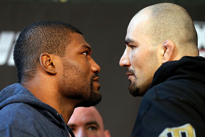 CHICAGO, IL - JANUARY 24: (L-R) Opponents Quinton "Rampage" Jackson and Glover Teixeira face off during the UFC on FOX press conference on January 24, 2013 at the United Center in Chicago, Illinois. (Photo by Josh Hedges/Zuffa LLC/Zuffa LLC via Getty Images)