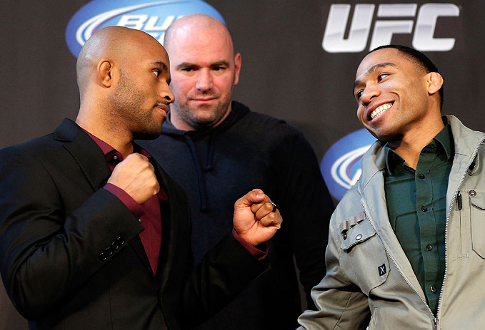 CHICAGO, IL - JANUARY 24: (L-R) Opponents Demetrious "Mighty Mouse" Johnson and John Dodson face off during the UFC on FOX press conference on January 24, 2013 at the United Center in Chicago, Illinois. (Photo by Josh Hedges/Zuffa LLC/Zuffa LLC via Getty Images)