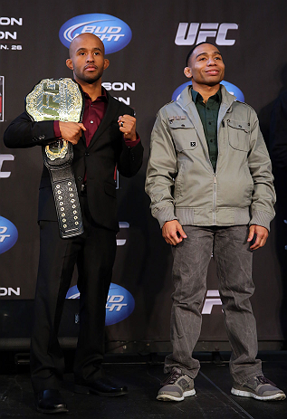 CHICAGO, IL - JANUARY 24: (L-R) Opponents Demetrious "Mighty Mouse" Johnson and John Dodson pose for photos during the UFC on FOX press conference on January 24, 2013 at the United Center in Chicago, Illinois. (Photo by Josh Hedges/Zuffa LLC/Zuffa LLC via Getty Images)