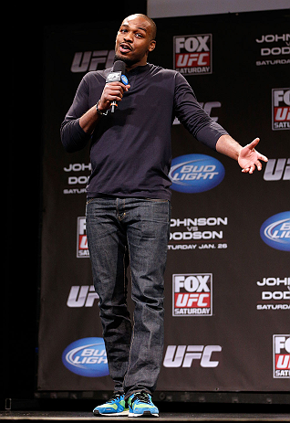 CHICAGO, IL - JANUARY 25: UFC light heavyweight champion Jon Jones interacts with fans during a Q&A session before the UFC on FOX weigh-in on January 25, 2013 at the Chicago Theatre in Chicago, Illinois. (Photo by Josh Hedges/Zuffa LLC/Zuffa LLC via Getty Images)