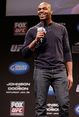 CHICAGO, IL - JANUARY 25: UFC light heavyweight champion Jon Jones interacts with fans during a Q&A session before the UFC on FOX weigh-in on January 25, 2013 at the Chicago Theatre in Chicago, Illinois. (Photo by Josh Hedges/Zuffa LLC/Zuffa LLC via Getty Images)