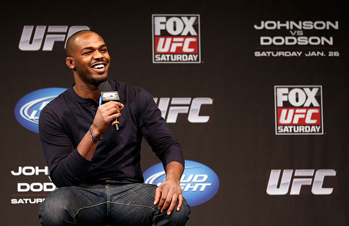 CHICAGO, IL - JANUARY 25: UFC light heavyweight champion Jon Jones interacts with fans during a Q&A session before the UFC on FOX weigh-in on January 25, 2013 at the Chicago Theatre in Chicago, Illinois. (Photo by Josh Hedges/Zuffa LLC/Zuffa LLC via Getty Images)
