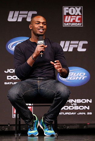 CHICAGO, IL - JANUARY 25: UFC light heavyweight champion Jon Jones interacts with fans during a Q&A session before the UFC on FOX weigh-in on January 25, 2013 at the Chicago Theatre in Chicago, Illinois. (Photo by Josh Hedges/Zuffa LLC/Zuffa LLC via Getty Images)