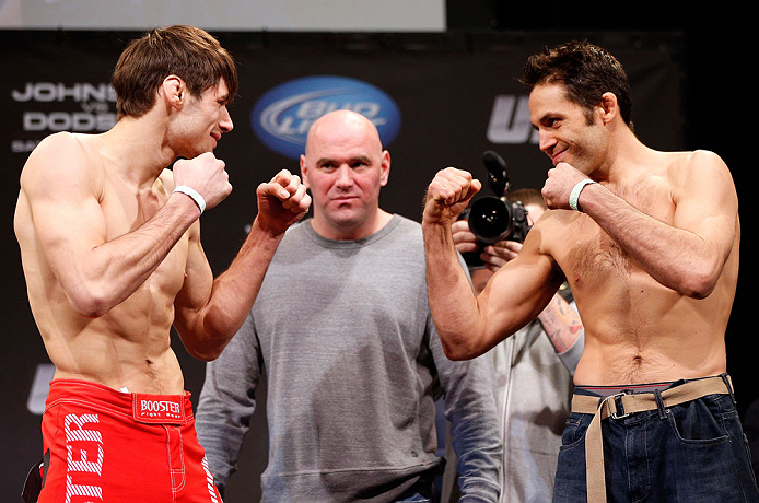 CHICAGO, IL - JANUARY 25: (L-R) Opponents Simeon Thoresen and David Mitchell face off during the UFC on FOX weigh-in on January 25, 2013 at the Chicago Theatre in Chicago, Illinois. (Photo by Josh Hedges/Zuffa LLC/Zuffa LLC via Getty Images)