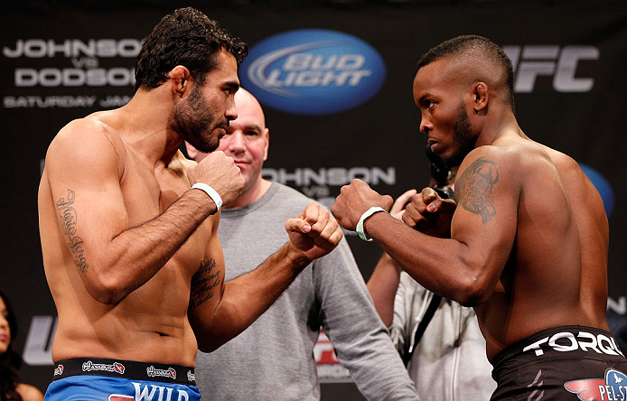 CHICAGO, IL - JANUARY 25: (L-R) Opponents Rafael Natal and Sean Spencer face off during the UFC on FOX weigh-in on January 25, 2013 at the Chicago Theatre in Chicago, Illinois. (Photo by Josh Hedges/Zuffa LLC/Zuffa LLC via Getty Images)