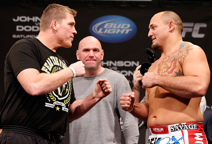 CHICAGO, IL - JANUARY 25: (L-R) Opponents Mike Russow and Shawn Jordan face off during the UFC on FOX weigh-in on January 25, 2013 at the Chicago Theatre in Chicago, Illinois. (Photo by Josh Hedges/Zuffa LLC/Zuffa LLC via Getty Images)