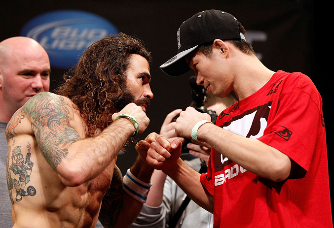 CHICAGO, IL - JANUARY 25: (L-R) Opponents Clay Guida and Hatsu Hioki face off during the UFC on FOX weigh-in on January 25, 2013 at the Chicago Theatre in Chicago, Illinois. (Photo by Josh Hedges/Zuffa LLC/Zuffa LLC via Getty Images)