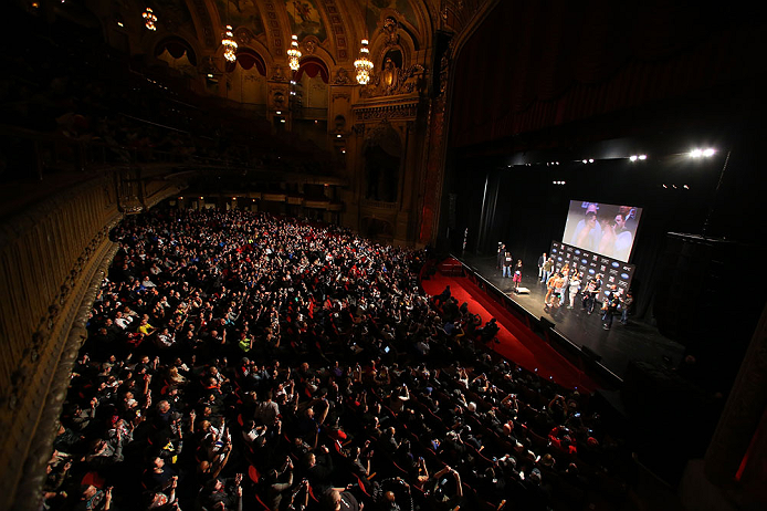 CHICAGO, IL - JANUARY 25: A general view of the theatre as Anthony Pettis and Donald "Cowboy" Cerrone face off during the UFC on FOX weigh-in on January 25, 2013 at the Chicago Theatre in Chicago, Illinois. (Photo by Josh Hedges/Zuffa LLC/Zuffa LLC via Getty Images)