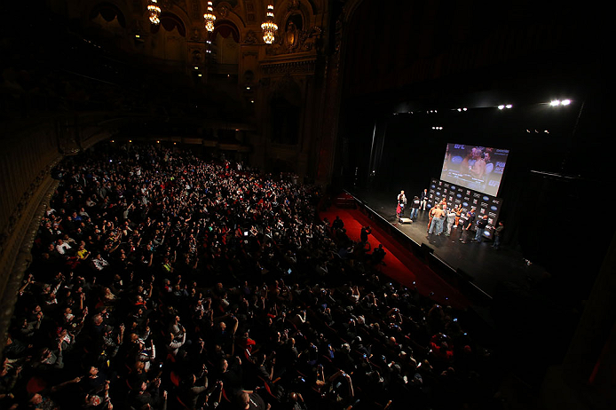 CHICAGO, IL - JANUARY 25: A general view of the theatre as Quinton "Rampage" Jackson and Glover Teixeira face off during the UFC on FOX weigh-in on January 25, 2013 at the Chicago Theatre in Chicago, Illinois. (Photo by Josh Hedges/Zuffa LLC/Zuffa LLC via Getty Images)