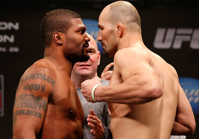 CHICAGO, IL - JANUARY 25: (L-R) Opponents Quinton "Rampage" Jackson and Glover Teixeira face off during the UFC on FOX weigh-in on January 25, 2013 at the Chicago Theatre in Chicago, Illinois. (Photo by Josh Hedges/Zuffa LLC/Zuffa LLC via Getty Images)