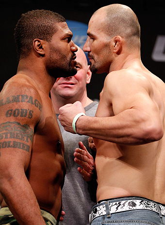 CHICAGO, IL - JANUARY 25: (L-R) Opponents Quinton "Rampage" Jackson and Glover Teixeira face off during the UFC on FOX weigh-in on January 25, 2013 at the Chicago Theatre in Chicago, Illinois. (Photo by Josh Hedges/Zuffa LLC/Zuffa LLC via Getty Images)