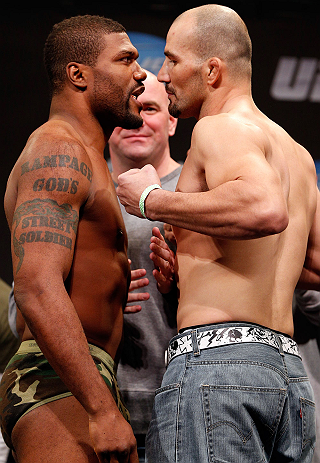 CHICAGO, IL - JANUARY 25: (L-R) Opponents Quinton "Rampage" Jackson and Glover Teixeira face off during the UFC on FOX weigh-in on January 25, 2013 at the Chicago Theatre in Chicago, Illinois. (Photo by Josh Hedges/Zuffa LLC/Zuffa LLC via Getty Images)