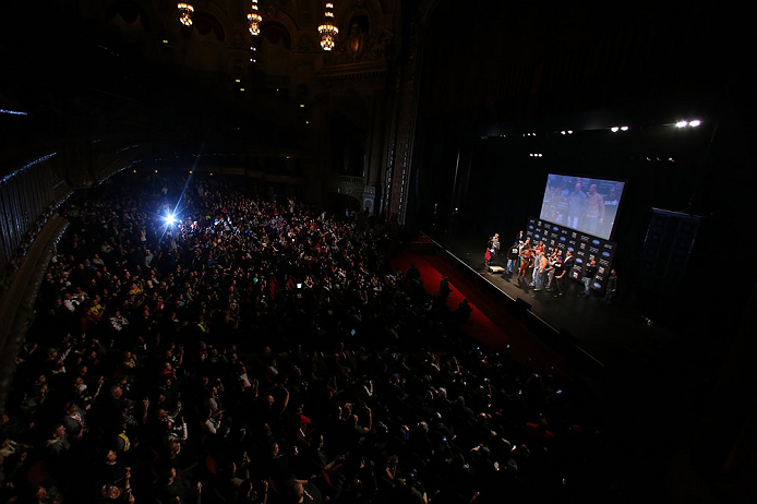 CHICAGO, IL - JANUARY 25: A general view of the theatre as Quinton "Rampage" Jackson and Glover Teixeira face off during the UFC on FOX weigh-in on January 25, 2013 at the Chicago Theatre in Chicago, Illinois. (Photo by Josh Hedges/Zuffa LLC/Zuffa LLC via Getty Images)