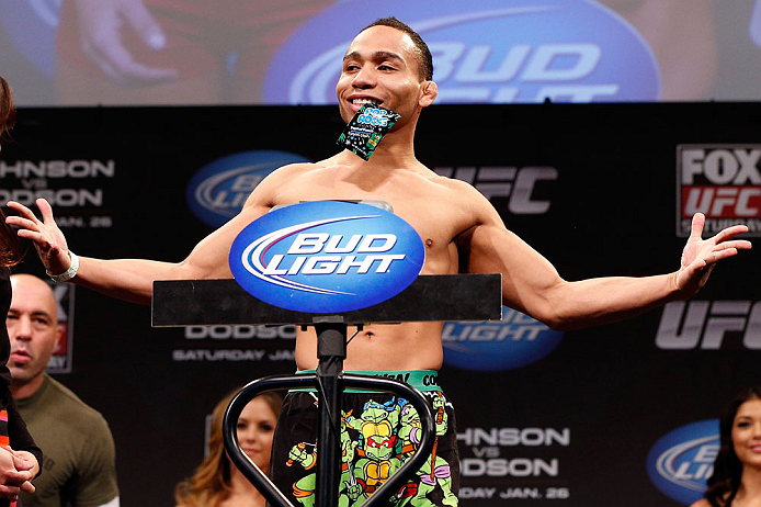 CHICAGO, IL - JANUARY 25: John Dodson weighs in during the UFC on FOX weigh-in on January 25, 2013 at the Chicago Theatre in Chicago, Illinois. (Photo by Josh Hedges/Zuffa LLC/Zuffa LLC via Getty Images)