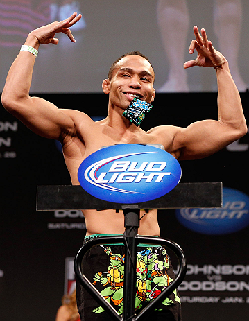 CHICAGO, IL - JANUARY 25: John Dodson weighs in during the UFC on FOX weigh-in on January 25, 2013 at the Chicago Theatre in Chicago, Illinois. (Photo by Josh Hedges/Zuffa LLC/Zuffa LLC via Getty Images)