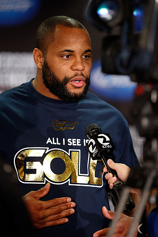 SAN JOSE, CA - APRIL 18:  Daniel Cormier conducts interviews during media day ahead of the UFC on FOX event at HP Pavilion on April 18, 2013 in San Jose, California.  (Photo by Josh Hedges/Zuffa LLC/Zuffa LLC via Getty Images)