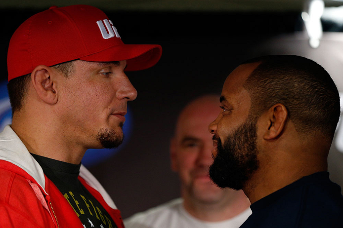 SAN JOSE, CA - APRIL 18:   (L-R) Opponents Frank Mir and Daniel Cormier face off during media day ahead of the UFC on FOX event at HP Pavilion on April 18, 2013 in San Jose, California.  (Photo by Josh Hedges/Zuffa LLC/Zuffa LLC via Getty Images)