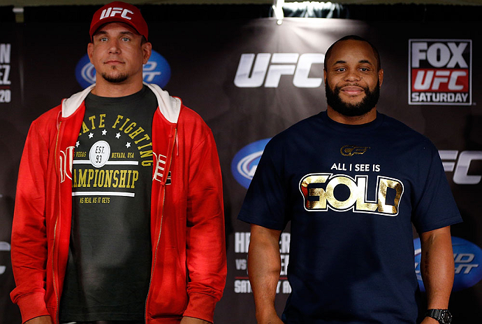 SAN JOSE, CA - APRIL 18:   (L-R) Opponents Frank Mir and Daniel Cormier pose for photos during media day ahead of the UFC on FOX event at HP Pavilion on April 18, 2013 in San Jose, California.  (Photo by Josh Hedges/Zuffa LLC/Zuffa LLC via Getty Images)