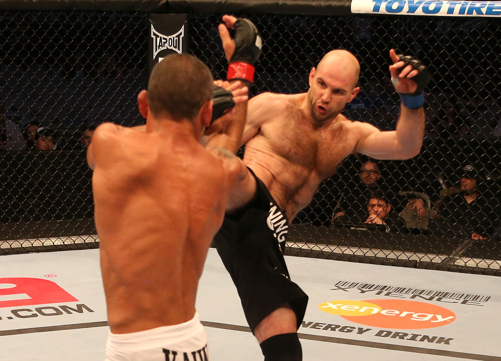 SAN JOSE, CA - JULY 11: (R-L) Dan Stittgen kicks Marcelo Guimaraes during their welterweight bout at HP Pavilion on July 11, 2012 in San Jose, California. (Photo by Ezra Shaw/Zuffa LLC/Zuffa LLC via Getty Images) *** Local Caption *** Marcelo Guimaraes; Dan Stittgen
