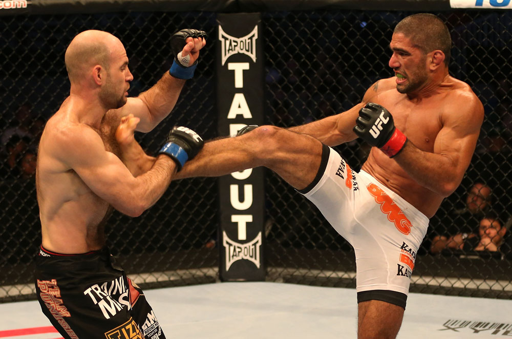 SAN JOSE, CA - JULY 11: (R-L) Marcelo Guimaraes kicks Dan Stittgen during their welterweight bout at HP Pavilion on July 11, 2012 in San Jose, California. (Photo by Ezra Shaw/Zuffa LLC/Zuffa LLC via Getty Images) *** Local Caption *** Marcelo Guimaraes; Dan Stittgen