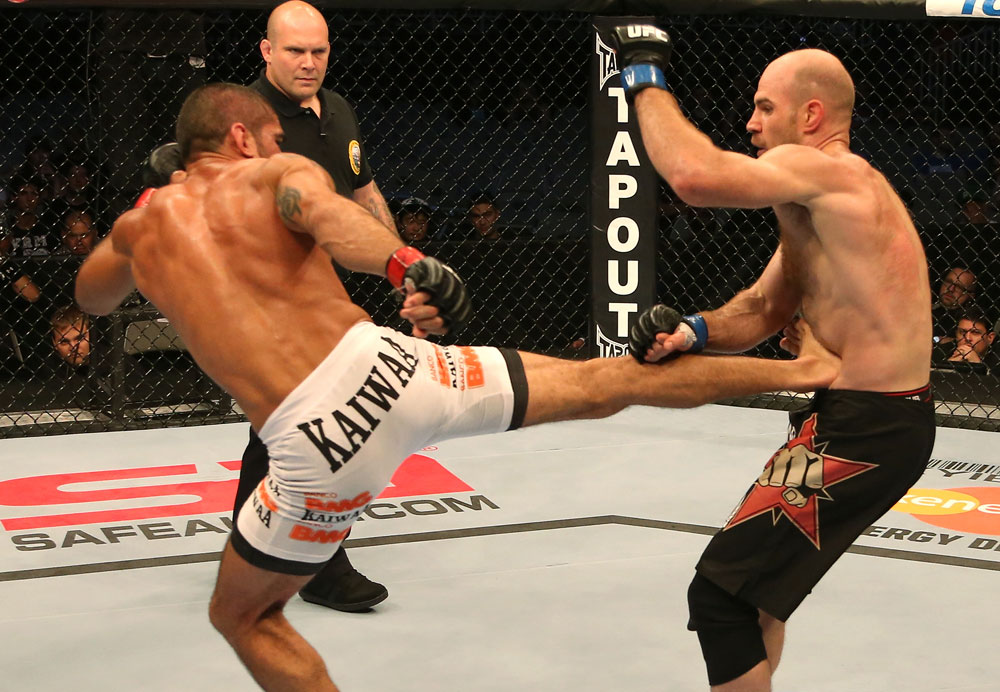 SAN JOSE, CA - JULY 11: (L-R) Marcelo Guimaraes kicks Dan Stittgen during their welterweight bout at HP Pavilion on July 11, 2012 in San Jose, California. (Photo by Ezra Shaw/Zuffa LLC/Zuffa LLC via Getty Images) *** Local Caption *** Marcelo Guimaraes; Dan Stittgen