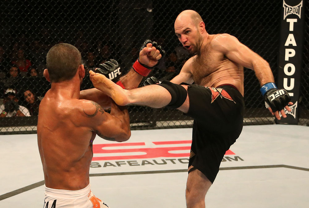 SAN JOSE, CA - JULY 11: (R-L) Dan Stittgen kicks Marcelo Guimaraes during their welterweight bout at HP Pavilion on July 11, 2012 in San Jose, California. (Photo by Ezra Shaw/Zuffa LLC/Zuffa LLC via Getty Images) *** Local Caption *** Marcelo Guimaraes; Dan Stittgen