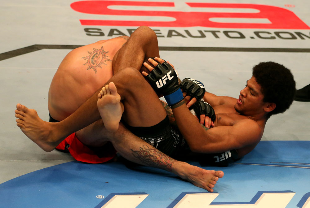 SAN JOSE, CA - JULY 11: Alex Caceres (right) attempts to submit Damacio Page during their bantamweight bout at HP Pavilion on July 11, 2012 in San Jose, California. (Photo by Ezra Shaw/Zuffa LLC/Zuffa LLC via Getty Images) *** Local Caption *** Damacio Page; Alex Caceres