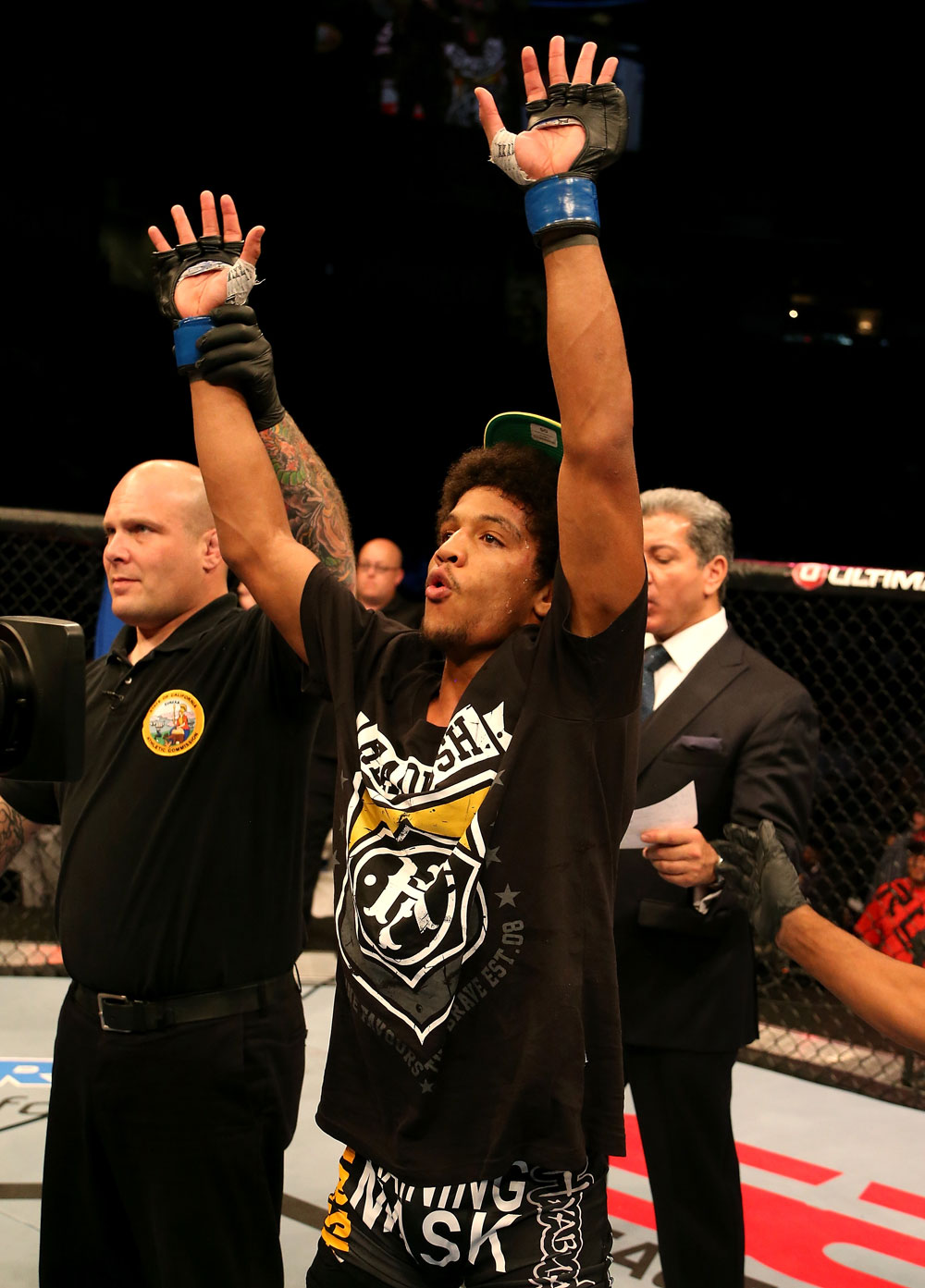 SAN JOSE, CA - JULY 11: Alex Caceres reacts to his victory over Damacio Page after their bantamweight bout at HP Pavilion on July 11, 2012 in San Jose, California. (Photo by Ezra Shaw/Zuffa LLC/Zuffa LLC via Getty Images) *** Local Caption *** Alex Caceres