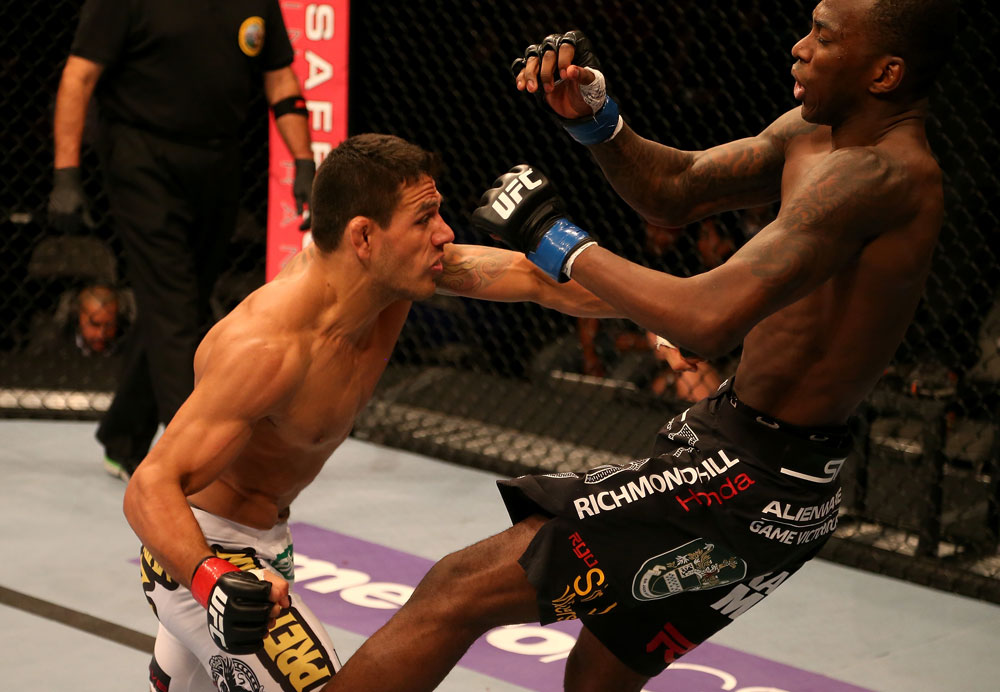 SAN JOSE, CA - JULY 11: (L-R) Rafael dos Anjos punches Anthony Njokuani during their lightweight bout at HP Pavilion on July 11, 2012 in San Jose, California. (Photo by Ezra Shaw/Zuffa LLC/Zuffa LLC via Getty Images) *** Local Caption *** Rafael Dos Anjos; Anthony Njokuani