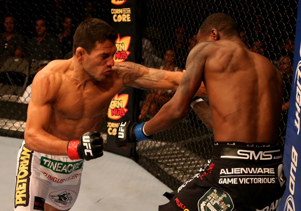 SAN JOSE, CA - JULY 11: (L-R) Rafael dos Anjos punches Anthony Njokuani during their lightweight bout at HP Pavilion on July 11, 2012 in San Jose, California. (Photo by Ezra Shaw/Zuffa LLC/Zuffa LLC via Getty Images) *** Local Caption *** Rafael Dos Anjos; Anthony Njokuani