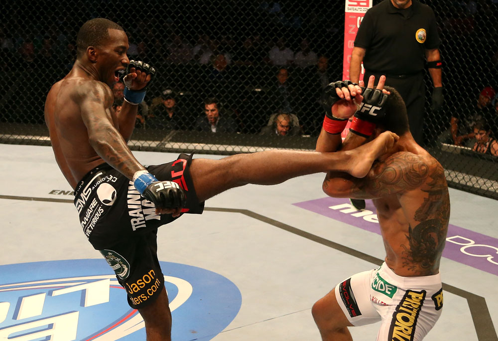 SAN JOSE, CA - JULY 11: (L-R) Anthony Njokuani kicks Rafael dos Anjos during their lightweight bout at HP Pavilion on July 11, 2012 in San Jose, California. (Photo by Ezra Shaw/Zuffa LLC/Zuffa LLC via Getty Images) *** Local Caption *** Rafael Dos Anjos; Anthony Njokuani